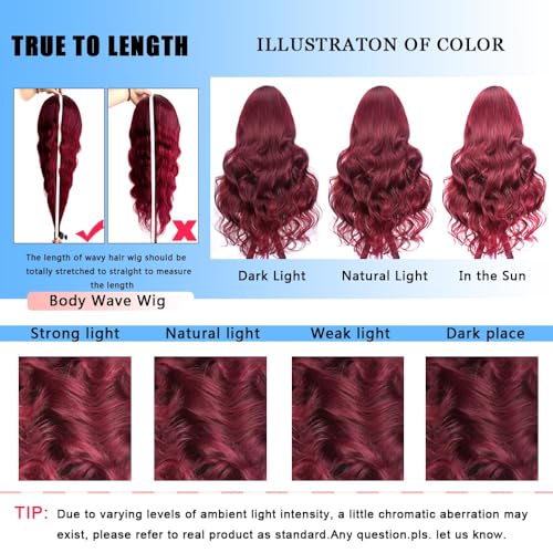 99j Burgundy Lace Front Wigs Human Hair 13x4 Body Wave Lace Front Wigs Human Hair Pre Plucked Glueless Red Wig Wine Red Wig for Women 180% Density 26Inch