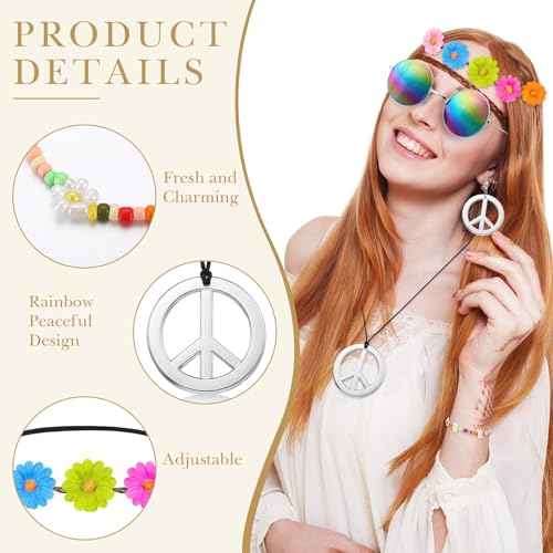 Batiyeer 6 Pcs Hippie Costume Accessories Set, Boho Peace Sign Daisy Flower 60s 70s Party Favors Decor for Groovy Party Women(Sliver)