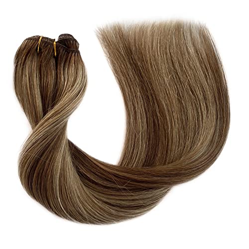 Clip in Hair Extensions Real Human Hair for Women Highlight Straight Remy Human Hair Extensions Clip ins Balayage Chestnut Brown and Beige Blonde Clip in Hair Extensions for Women 22 Inch 5pcs 70g