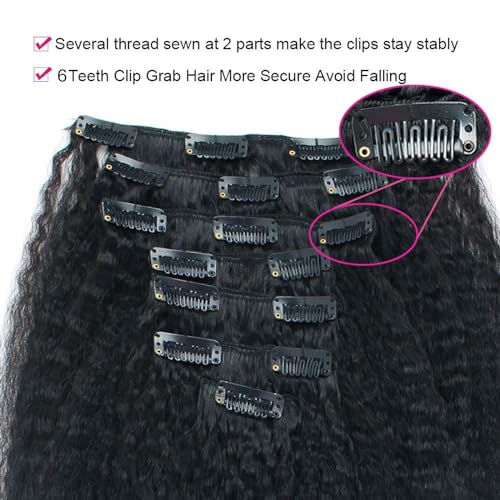 Lovrio Kinkys Straight Hair Clip in Hair Extensions for Black Women Brazilian Virgin Double Weft Human Hair 7 Pieces 120g with 17 Clips 14 Inch