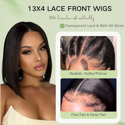 Glueless Bob Wig Human Hair 13x4 HD Transparent Lace Front Wigs Short Bob Wig Glueless Wigs Human Hair Pre Plucked Bleached Knots Straight Lace Front Wigs For Black Women£¨16 Inch£©