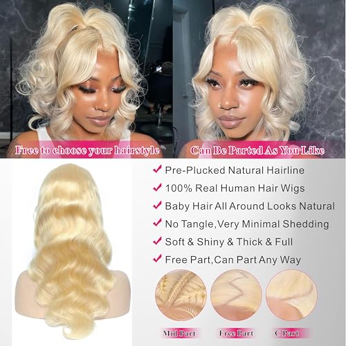 613 Lace Front Wig Human Hair 200 Density Body Wave Blonde Lace Front Wigs 22 Inch 613 Colored Blonde Wig Human Hair Pre Plucked Body Wave 13x4 HD Lace Frontal Wigs for Women with Baby Hair