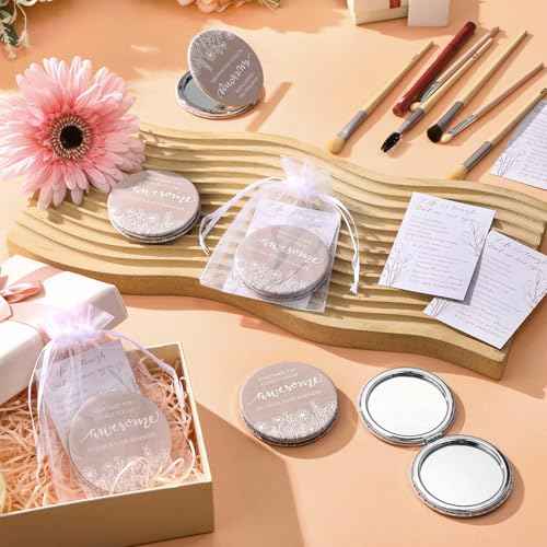 Wildflower Inspirational Gifts for Women Bulk Motivational Compact Mirror Makeup Purse Double Sided Folding Mirror Inspirational Gift Cards with Bag for Women(24 Set)