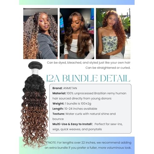 12A Brown Ombre Human Hair Bundles Water Wave 24 Inch, Chestnut Ombre Brown Wet n Wavy Single Bundle with Dark Roots 3 Tone Color #T1B/2/30 Thick Sew In Weave Remy Hair Keep Soft After Washes