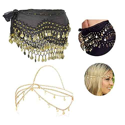 Multi-Row Coins Belly Dance Wrap & Hip Scarf, Sequins Head Chain Festival Halloween Prom Costume Hair Accessories Headbands Headpieces for Women and Girls