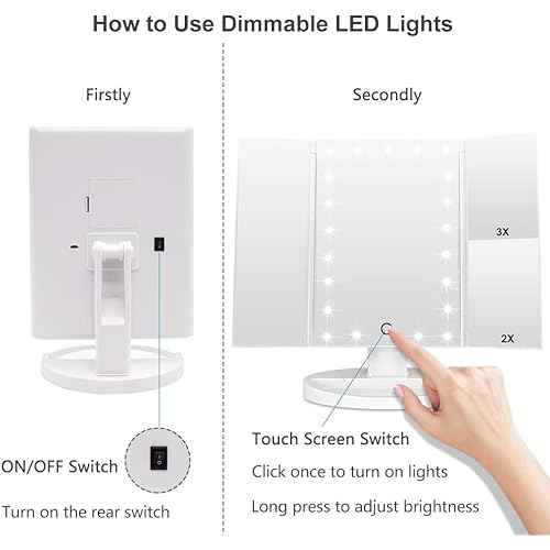 WEILY Makeup Vanity Mirror with 21 LED Lights and Touch Screen, Tri-Fold 1x 2X 3X Magnification,180¡Æ Adjustable Rotation and USB Powered,Countertop Cosmetic Mirror (White)