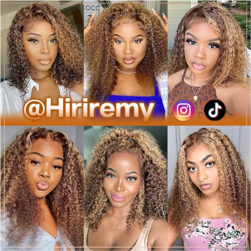Curly Bob Wig Human Hair Deep Wave 13x4 HD Lace Front Wigs For Black Women Human Hair Pre Plucked Wear And Go Glueless Short Wet And Wavy Ombre Honey Blonde Highlight Color 4/27 12 Inch