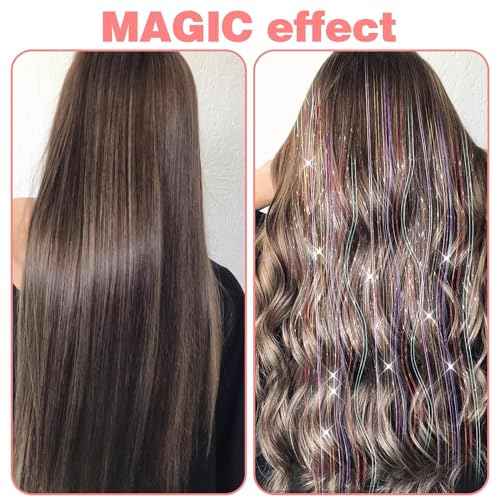 Hair Tinsel Kit Pack of 18 Pcs Hair Tinsel Clip in 19.6Inch Glitter Tinsel Hair Extensions Heat Resistant Clip in Hair Tinsel Sparkle Fairy Hair Accessories for Kids Girls Women (Pink)