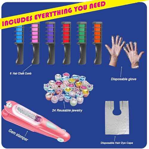 Hair Gem Stamper Kit with Reusable Bling Jewels & Washable Chalk - Girls Hair Styling Toys, Creative DIY Accessories, Birthday Gifts for Ages 5-12 (Light Hair Friendly)