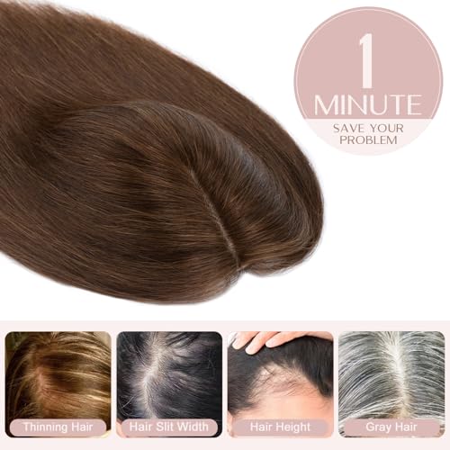 Hair Toppers for Women Real Human Hair with No Bangs Upgrade Lace Base 3.9 * 4.7 Inch Clip In Topper Hairpieces for Women #04 Chocolate Brown 8 Inch