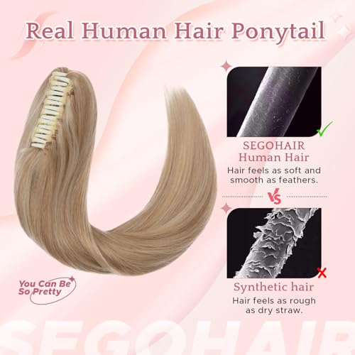 Human Hair Claw Clip Ponytail Extension 100% Real Human Hair Clip-In Extensions for Women Long Straight Pony Tails 14 Inches 105g #18P613 Light Blonde mixed Bleach Blonde