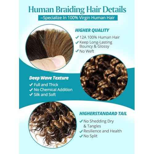 100g 3 Bundles/Pack Ombre Highlight Human Braiding Hair for Boho Braids 20 Inch Curly Boho Hair for Braiding Knotless 12A Deep Wave Bulk Bohemian Color P4/27