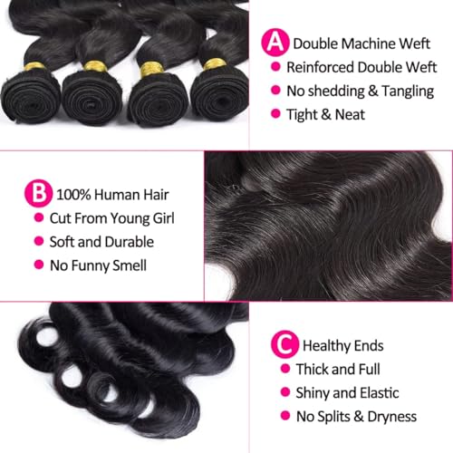Human Hair Bundles Body Wave 16 18 20 22 Inch 100% Unprocessed Brazilian Body Wave 4 Bundles Human Hair Extensions for Women Quick Weave Natural Color