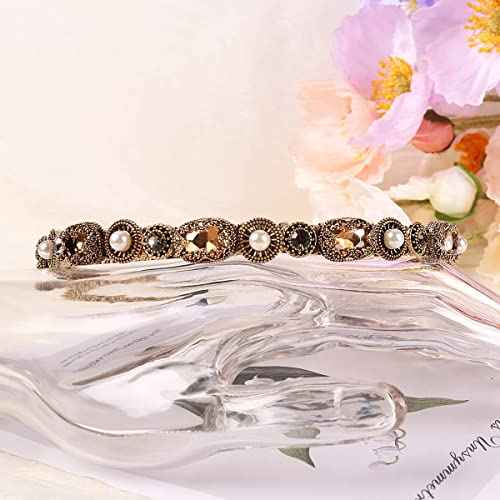 YARN & INK Gold Rhinestone Pearls Headbands for Women Girls, Non Slip Bling Headband Hair Accessories Retro Christmas Gift (Baroque Champagne)