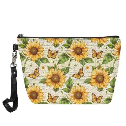 Retro Sunflower Butterfly Cosmetic Bag for Women Travel Organizer Makeup Bag Zipper Purse Lightweight Toiletry Organizer Pouch Clutch Bag with Wrist Strap