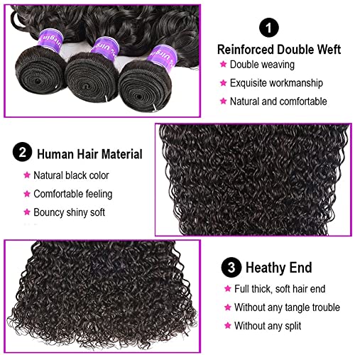 Water Wave Human Hair 3 Bundles (14 16 18 Inch) Brazilian Virgin Water Curly Bundles 100% Unprocessed Human Hair Weave Remy Hair Weft for Black Women Natural Color