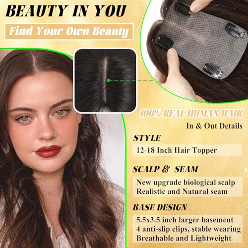 Rootoo Hair Toppers for Women Real Human Hair, 16 Inch Realistic Biological Scalp Topper Hair Pieces for Women with Thinning Crown with Middle Part Clip in Bangs Big Base 360¡Æ Cover (Dark Brown)