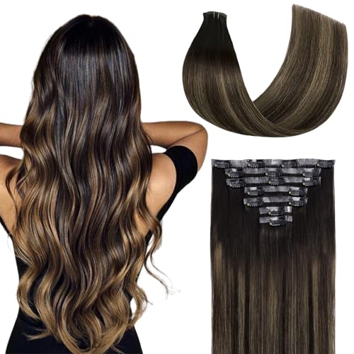 Clip in Extensions Real Human Hair 7pcs, Natural and Seamless 90g (Ombre Dark Brown to Chestnut Brown, 18 inch)