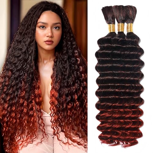 Ombre Human Braiding Hair for Boho Braids 20 Inch 120g Deep Wave Bulk Boho Human Hair for Braiding Curly Knotless Bohemian Braids 12A 100% Brazilian Virgin No Weft Extensions 3 Bundles/Pack T1B/350