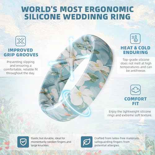 Egnaro Women's Silicone Statement Rings, 5.2mm Wide 2mm Thick Rubber Printed Floral Wedding Bands For Her Size 4-12