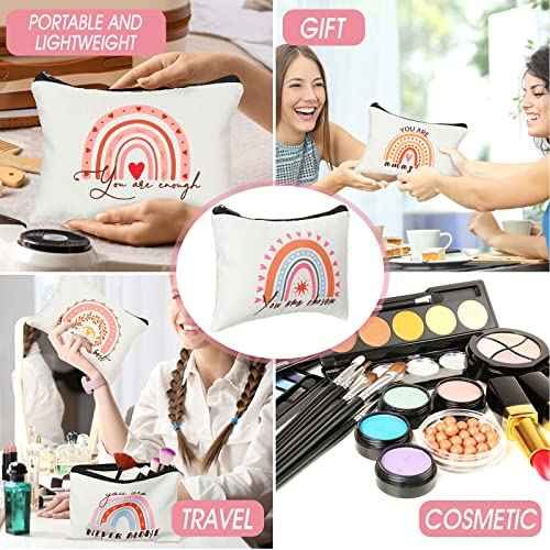 Mumufy 50 Pcs Rainbow Cosmetic Bags for Women Bulk Inspirational Makeup Bags Gift with Zipper Motivational Quotes Travel Canvas Waterproof Pouch for Women Teacher Christmas Party Supplies