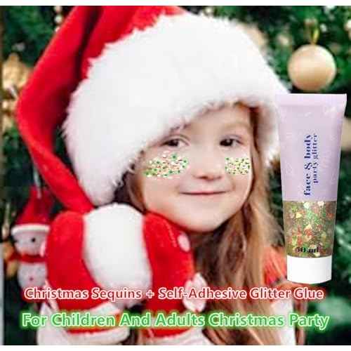 Go Ho Christmas Body Hair Face Glitter Gel,Christmas Glitters Face Paint,Holographic Colorful Sequins Chunky Reflective Face Glitter Makeup,Festival Rave Outfits for Women