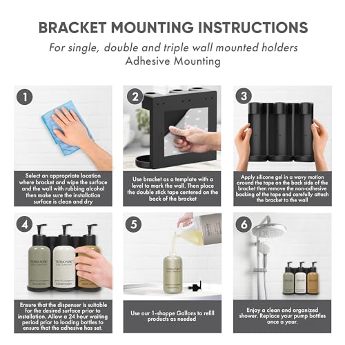 Terra Pure Spa Collection | Wall-Mounted No-Drill Hotel Amenities Dispenser | 10.14oz Bottles | Tamper-Proof Locking Bracket | 1 Bracket with Shampoo, Conditioner, and Body Wash