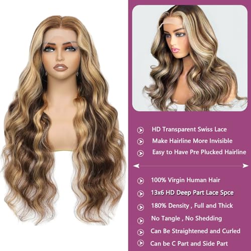 Ombre Balayage Honey Blonde Highlight Wig Human Hair, Body Wave 13x6 Lace Front Wigs Human Hair 24 Inch Brown to Blonde Highlights Glueless Lace Front Wigs Pre Plucked Human Hair Wigs for Women