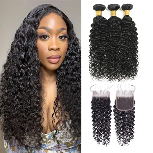 Water Wave Bundles with Closure Human Hair Wet and Wavy 100% Unprocessed Virgin Hair Bundles 16 18 20 inch Human Hair Bundles with Closure 14 inch 5x5 Lace Closure Free Part