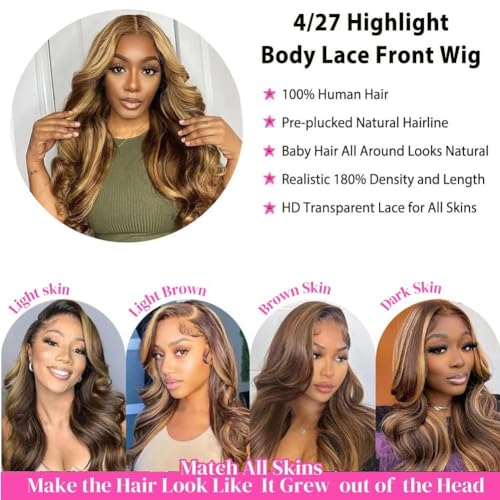 Ombre Human Hair Wig 13x4 Body Wave Lace Front Wigs Human Hair Honey Blonde Wig Human Hair Pre Plucked with Baby Hair 200 Density 4/27 Highlight Glueless Wigs for Black Women 28 Inch