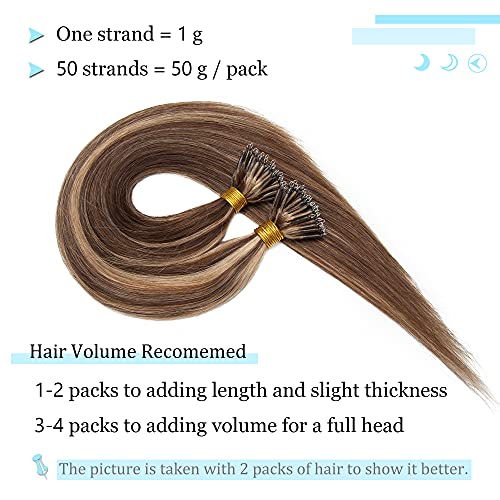SEGO Nano Tip Hair Extensions Human Hair Balayage Nano Ring Beads Pre-bonded Seamless Highlight Extensions for Women 1g/strand 50g/pack -22 Inch 4P27 Medium Brown&Dark Blonde