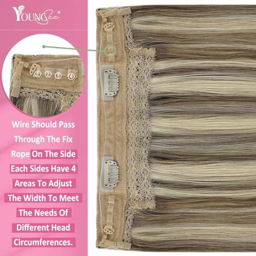 YoungSee Wire Hair Extensions Brown Blonde Invisible Wire Hair Extensions Human Hair Platinum Blonde with Light Brown Highlight Fish Line Hair Extension Real Human Hair 14 Inch 80g
