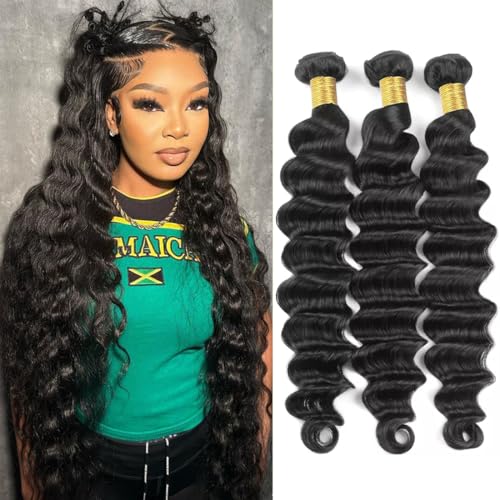 Loose Deep Wave Bundles Human Hair(14 16 18 Inch)12A Grade Brazilian Loose Deep Wave Human Hair Bundles 100% Unprocessed Virgin Hair Loose Wave Bundles for Black Women Natural Color