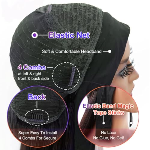 Straight Headband Wig Human Hair Brazilian Virgin Human Hair Wigs for Black Women Glueless Half Wig Machine Made No Lace Front Headband Wig Natural Black Color 22 Inch