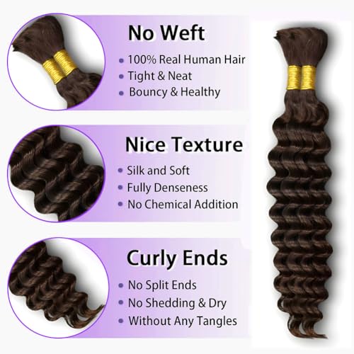 Human Braiding Hair 150g 20 Inch Deep Wave Bulk Human Hair for Braiding Boho Braids 100% Unprocessed Brazilian Virgin Human Hair Extensions No Weft 3 Bundle/Pack Dark Brown
