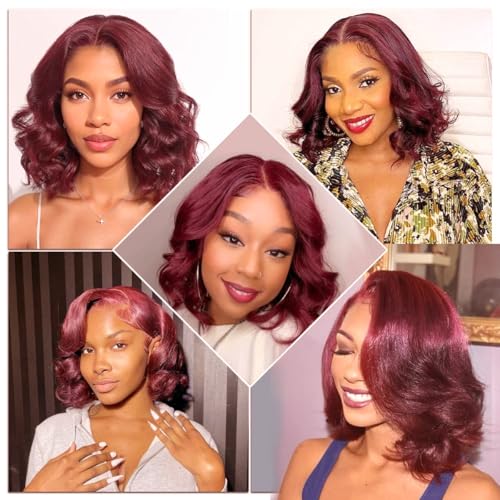 13x6 99j Burgundy Lace Front Wigs Human Hair Bob Wigs For Black Women Bob Wig Human Hair 200% Density 99j 13x6 Hd Transparent Lace Front Body Wave Wig 12 Inch