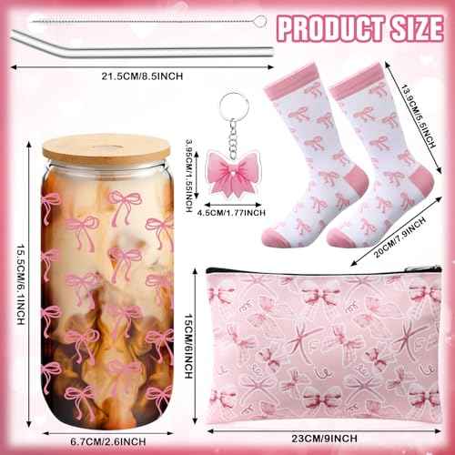 Boao 5 Pcs Pink Bow Gift Set with Glass Cup, Socks, Cosmetic Bag Keychain Coquette Stuff Thank You Gift Box for Girls Women