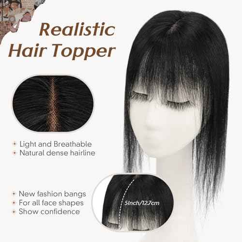 Rich Choices Hair Toppers for Women Real Human Hair 100% Human Hair Toppers for Women Clip in Silk Base Remy Hair Topper 7 Inch Pitch Black