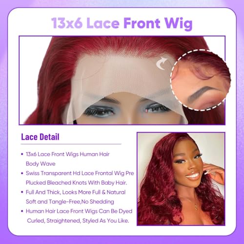 Burgundy Lace Front Wigs Human Hair 99j 13X6 hd Body Wave Lace Front Wigs Human Hair 180% Density Colored Red Frontal Wig for Black Women 24 Inch