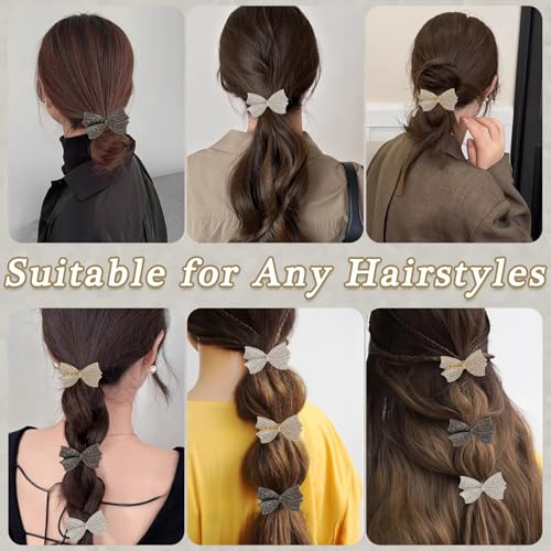 3PCS Metal Rhinestone Bow Hair Ties for Women,Sparkly Hair Scrunchies for Ponytail Holders,Cute French Elastic Rubber Band Accessories,Gold Silver Black Crystal Hair Cuffs for Thick Thin Hair