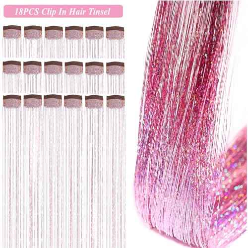 Hair Tinsel Kit Pack of 18 Pcs Hair Tinsel Clip in 19.6Inch Glitter Tinsel Hair Extensions Heat Resistant Clip in Hair Tinsel Sparkle Fairy Hair Accessories for Kids Girls Women (Pink)