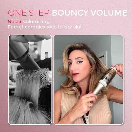 TYMO 2.0 Thermal Brush Curling Brush - STYLUX 1.7" Blowout Volumizer with Flexi-Fit for Hair Straightening, Heated Round Styler Tool, Hair Straightener and Curler 2 in 1, Dual Voltage & Light, Gold