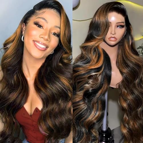 Highlight Ombre Lace Front Wig Human Hair Body Wave Lace Front Wigs Human Hair Pre Plucked 13x4 1B/30 HD Lace Frontal Highlight Wig 20 Inch Colored Balayage Wig 180% Density Glueless Wigs for Women