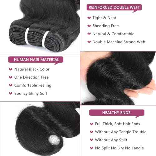 Body Wave Bundles Human Hair 14 Inch 12A Human Hair Bundles 100% Unprocessed Brazilian Virgin Hair Weave 4 Bundles Human Hair Natural Black Color (14/14/14/14 Inch, 4 Bundles)