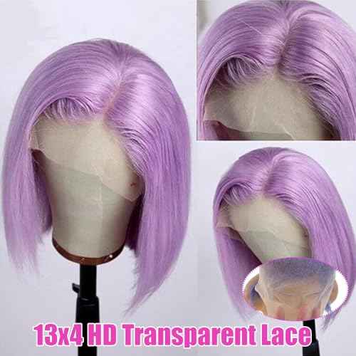 Lilac Lace Front Wigs Human Hair,13x4 Glueless HD Lace Bob Wigs Human Hair Pre Plucked Hairline with Bleached Knots Straight Brazilian Virgin Hair 10" 150% Density Purple Short Bob Wigs for Women