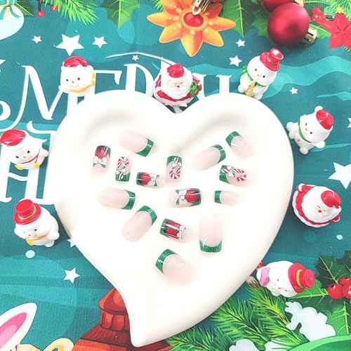 Christmas Press on Nails Square Green French Tip Fake Nails Mdeium with Candy Canes Gift Box Bow Design Nails Press on Glitter False Nails Xmas Glue on Nails Artificial Christmas Nails for Girls 24Pcs