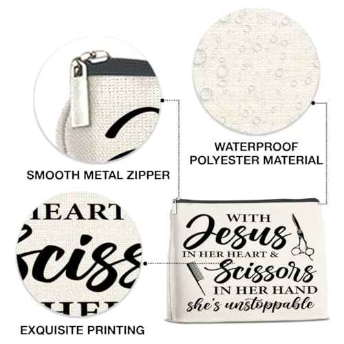 Hair Stylist Gifts for Women Cosmetic Bag - Hairstylist Gift Small Makeup Bag - with Jesus in Her Heart and Scissors in Her Hand Zipper Makeup Pouch (1Pcs)