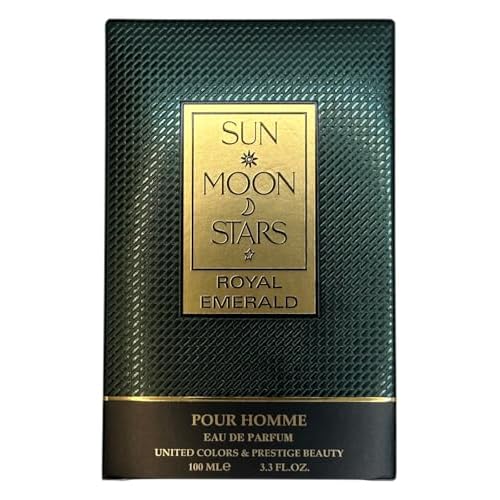 Sun Moon Stars Royal Emerald Pour Homme EDP, 3.4 fl. oz., Top Notes: Bergamot, Cardamom, Violet Leaf, Middle Notes: Violet, Lily of The Valley, Rose, Base Notes: Sandalwood, Musky, Amber
