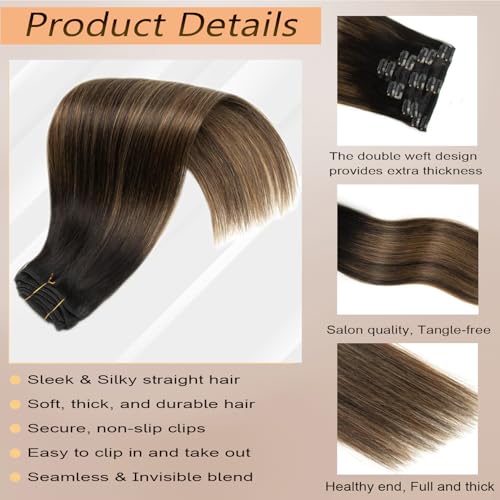 Dark Highlight Clip in Hair Extensions Ombre Real Human Hair Natural Black Mix Chestnut Brown 18 Inch 7pcs 120g Remy Human 16 Clips Ins Double Weft Straight Hair Extensions for Woman