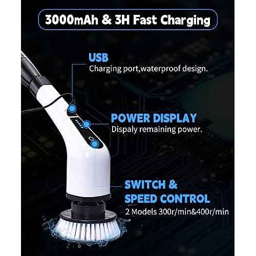 Electric Spin Scrubber Cleaning Brush: Cordless Power Shower Scrubber for Cleaning Bathroom Tub Tiles Car with Long Handle | Portable E Spin Bathtub Spinning Cleaner Scrub Brush Household Use Supplies